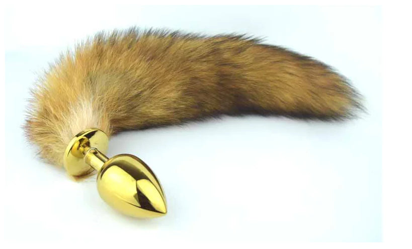 Deluxe Gold Stainless Steel Medium Faux Fox Tail Butt Plug