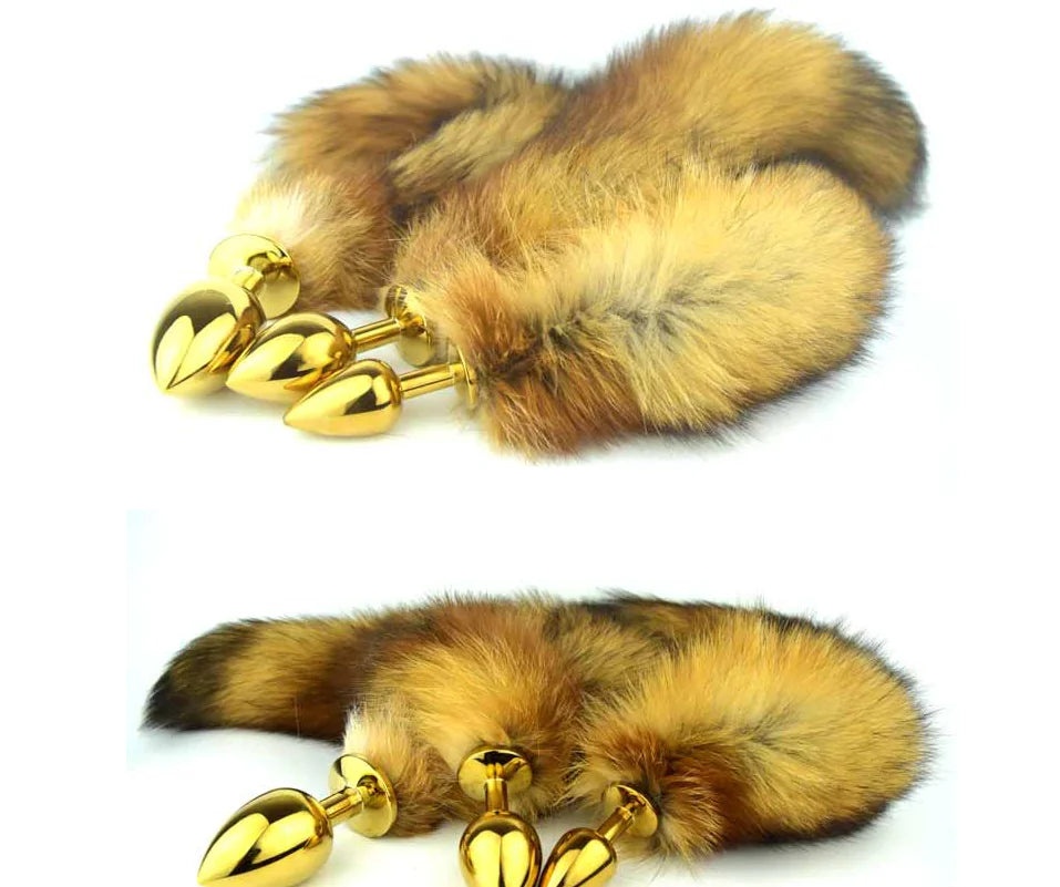 Deluxe Gold Stainless Steel Medium Faux Fox Tail Butt Plug