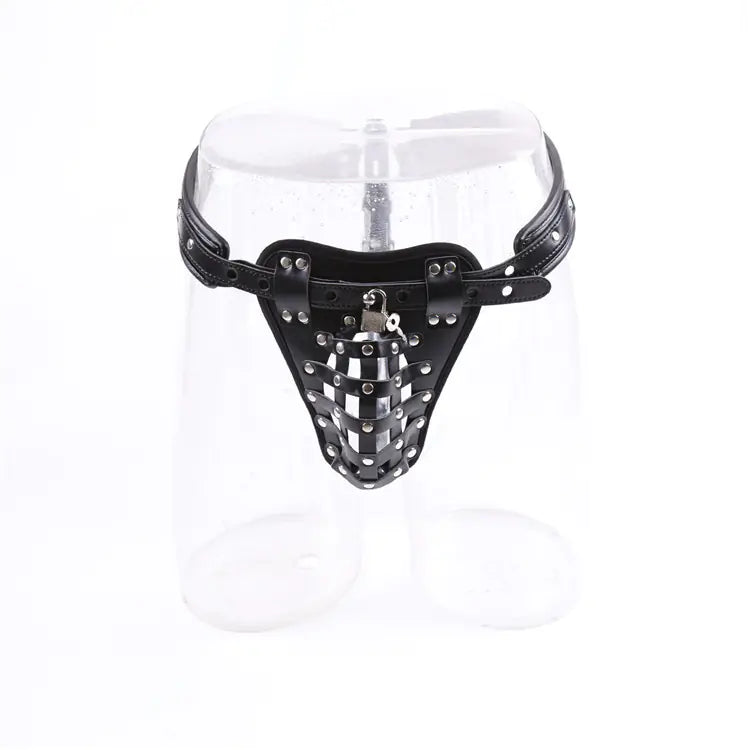Leather Men's Chastity Belt with Cock Cage