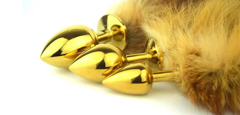 Deluxe Gold Stainless Steel Medium Faux Fox Tail Butt Plug