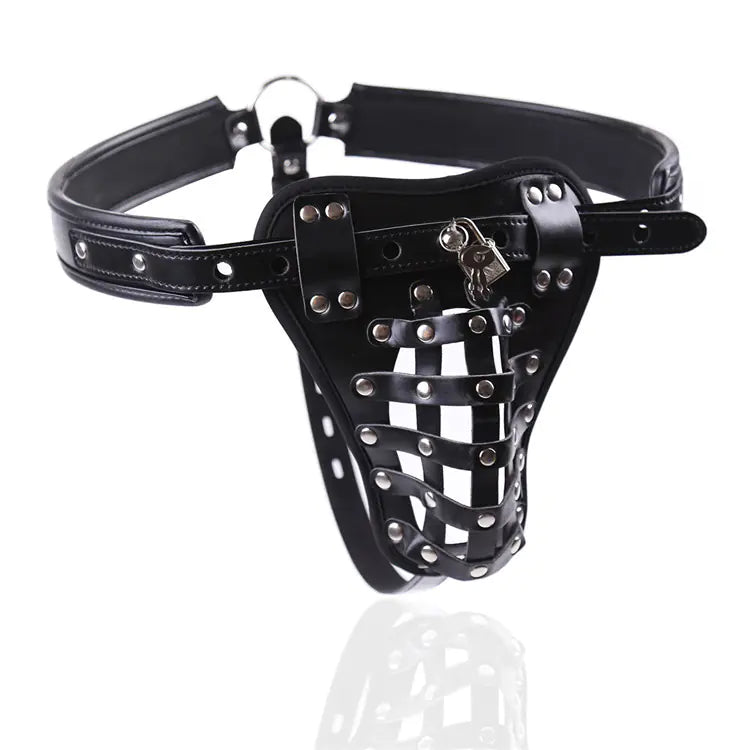 Leather Men's Chastity Belt with Cock Cage