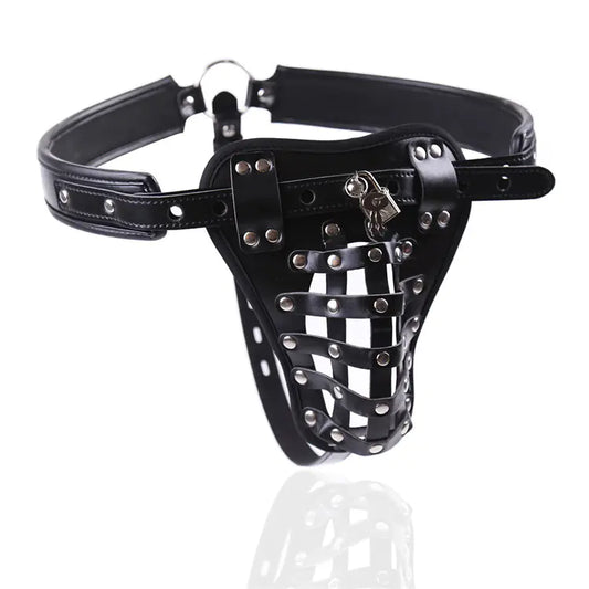 Leather Men's Chastity Belt with Cock Cage, Adult Toy