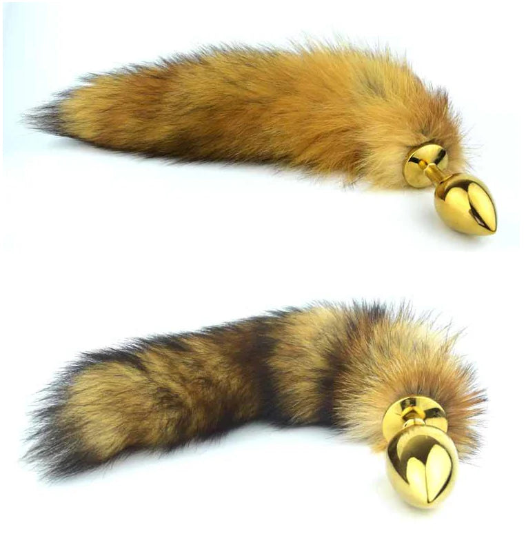 Deluxe Gold Stainless Steel Medium Faux Fox Tail Butt Plug