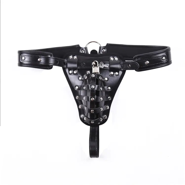 Leather Men's Chastity Belt with Cock Cage